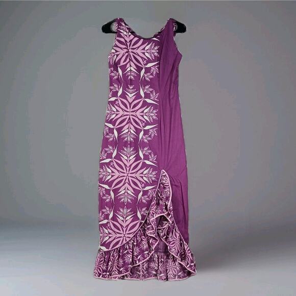 Mamo Howell Dresses & Skirts - Mamo Howell Hawaiian Sheath Dress Small Purple Tiki Maxi Ruffle VTG